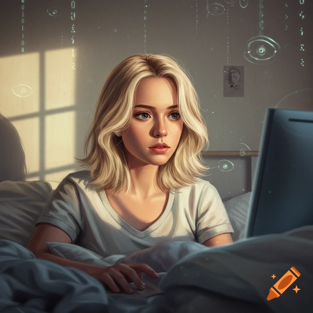 A realistic digital painting of a blonde woman in bed, looking at a laptop with abstract digital symbols and eyes floating around her.