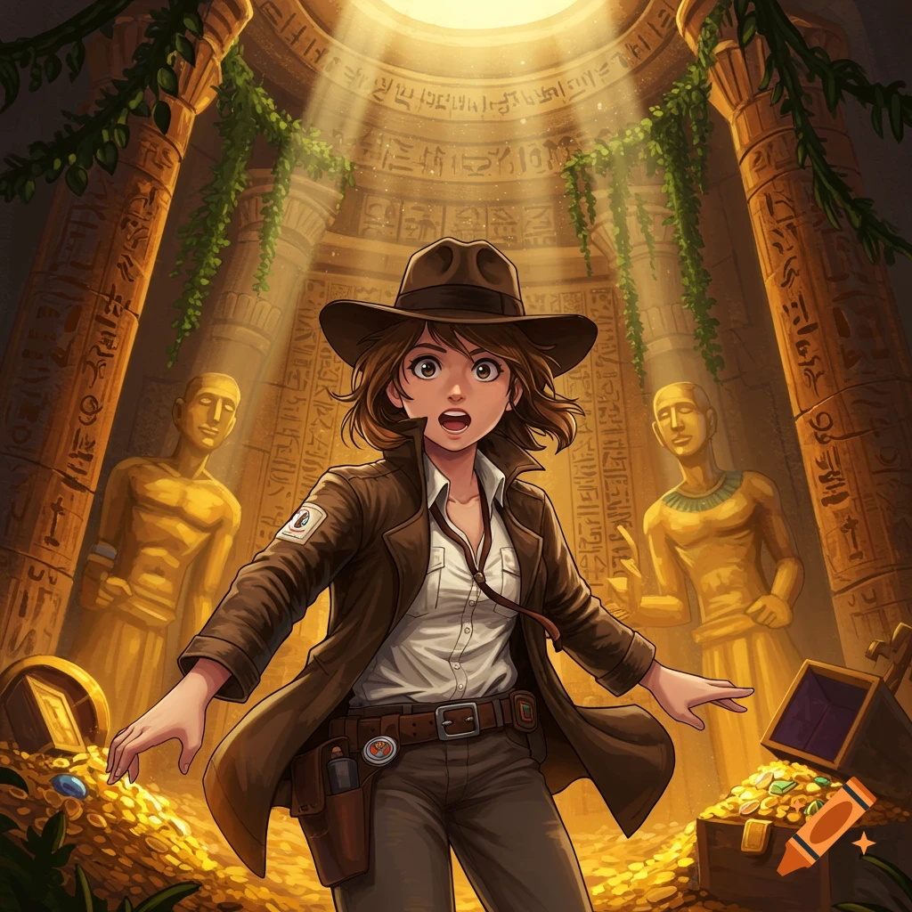 Anime-style female adventurer in a fedora and jacket explores a golden ancient tomb filled with treasure and gold statues, illuminated by a beam of light.