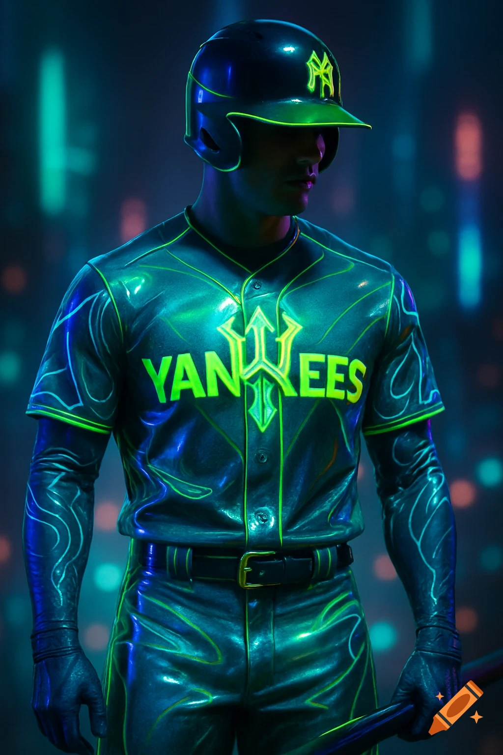 A baseball player in a dark, glowing neon green and blue futuristic Yankees uniform holds a bat.