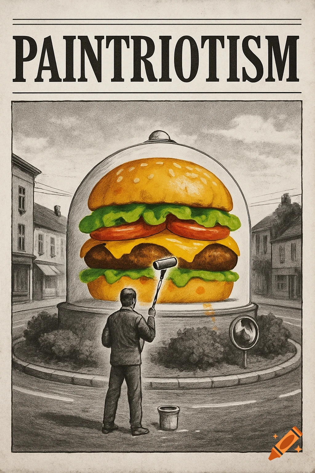 A man paints a large, colorful burger on a small town roundabout, under the headline 'PAINTRIOTISM' in a detailed sketch style.