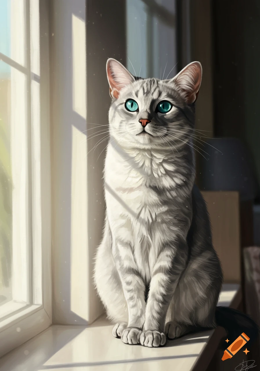 A silver-gray cat with bright teal eyes sits on a sunlit windowsill, depicted in a digital art style.