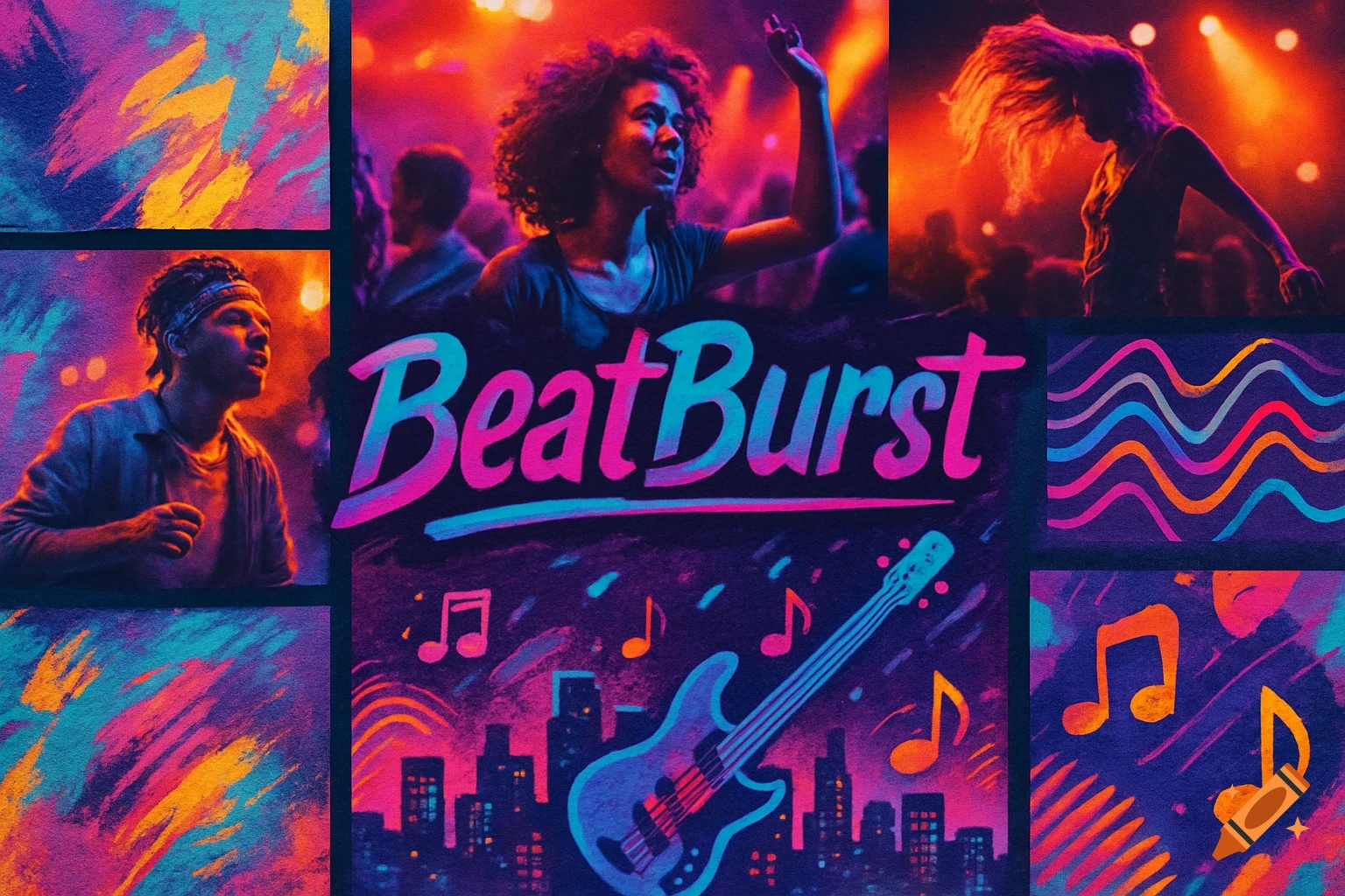 A vibrant music festival mood board featuring photos of people dancing, the "BeatBurst" logo, an electric guitar, city skyline, musical notes, and abstract patterns in pink, blue, and orange tones.