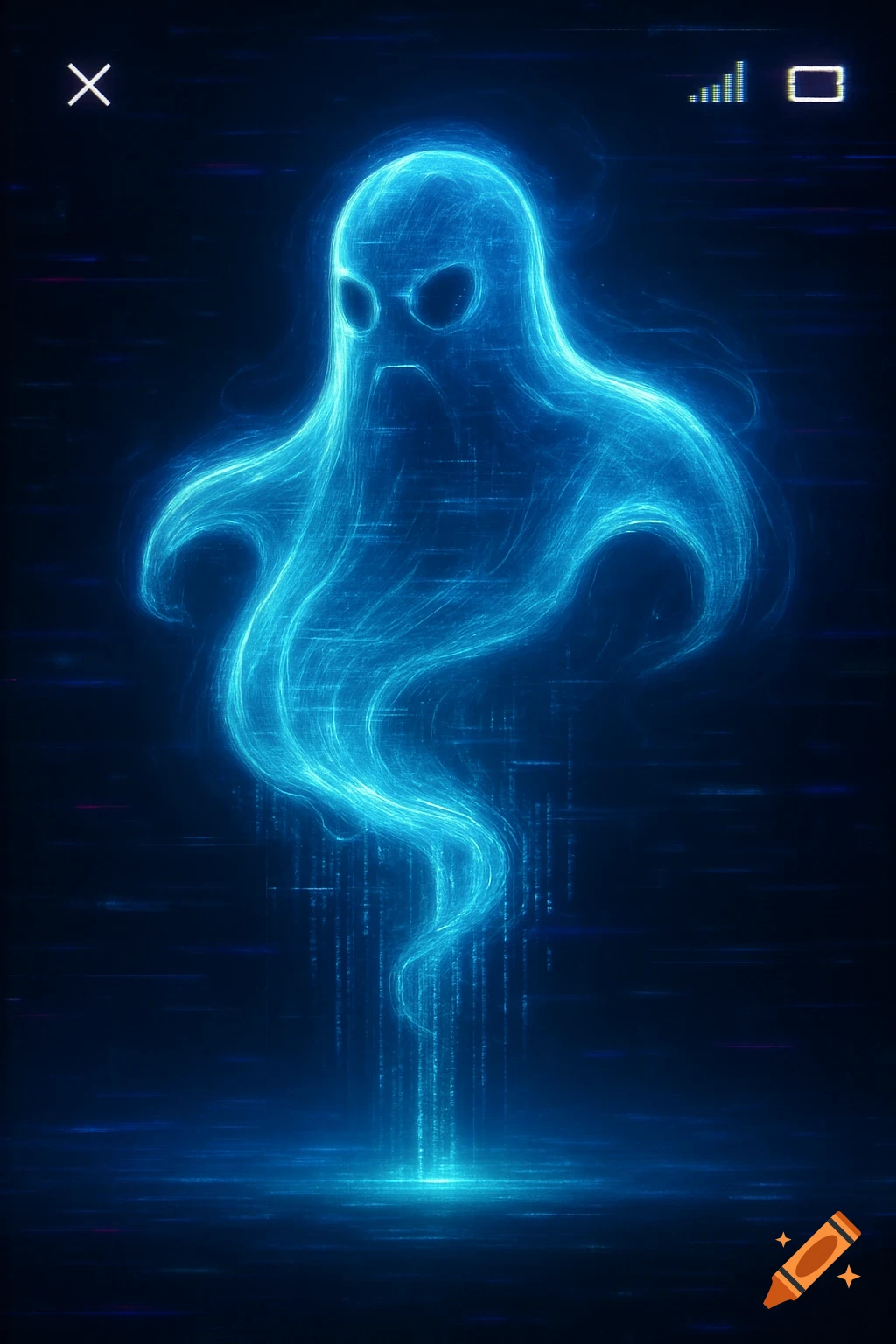 A glowing blue ethereal ghost made of digital lines on a dark, glitchy background with UI elements.