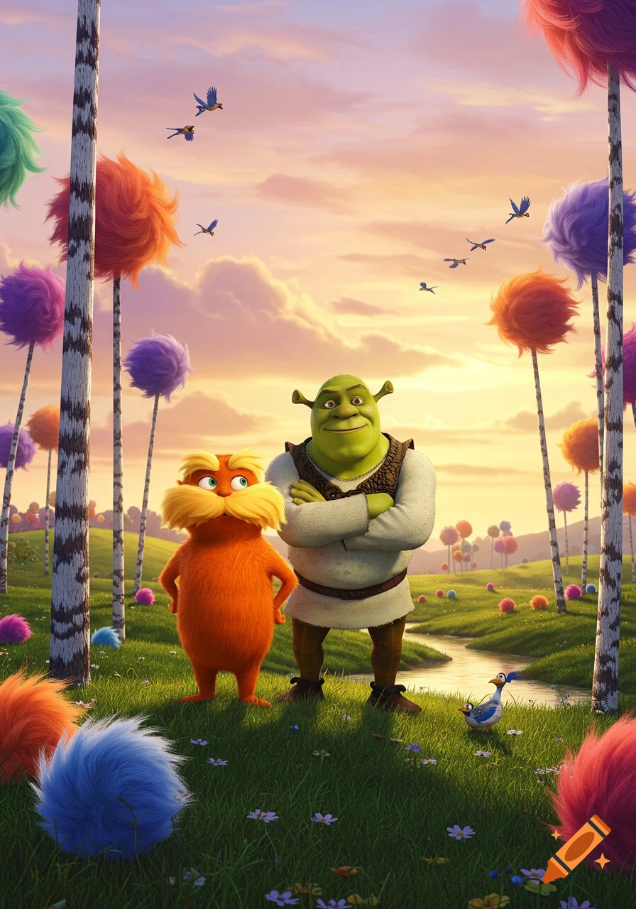 Animated Shrek and The Lorax stand in a vibrant landscape with colorful trees, a river, and birds under a sunset sky.