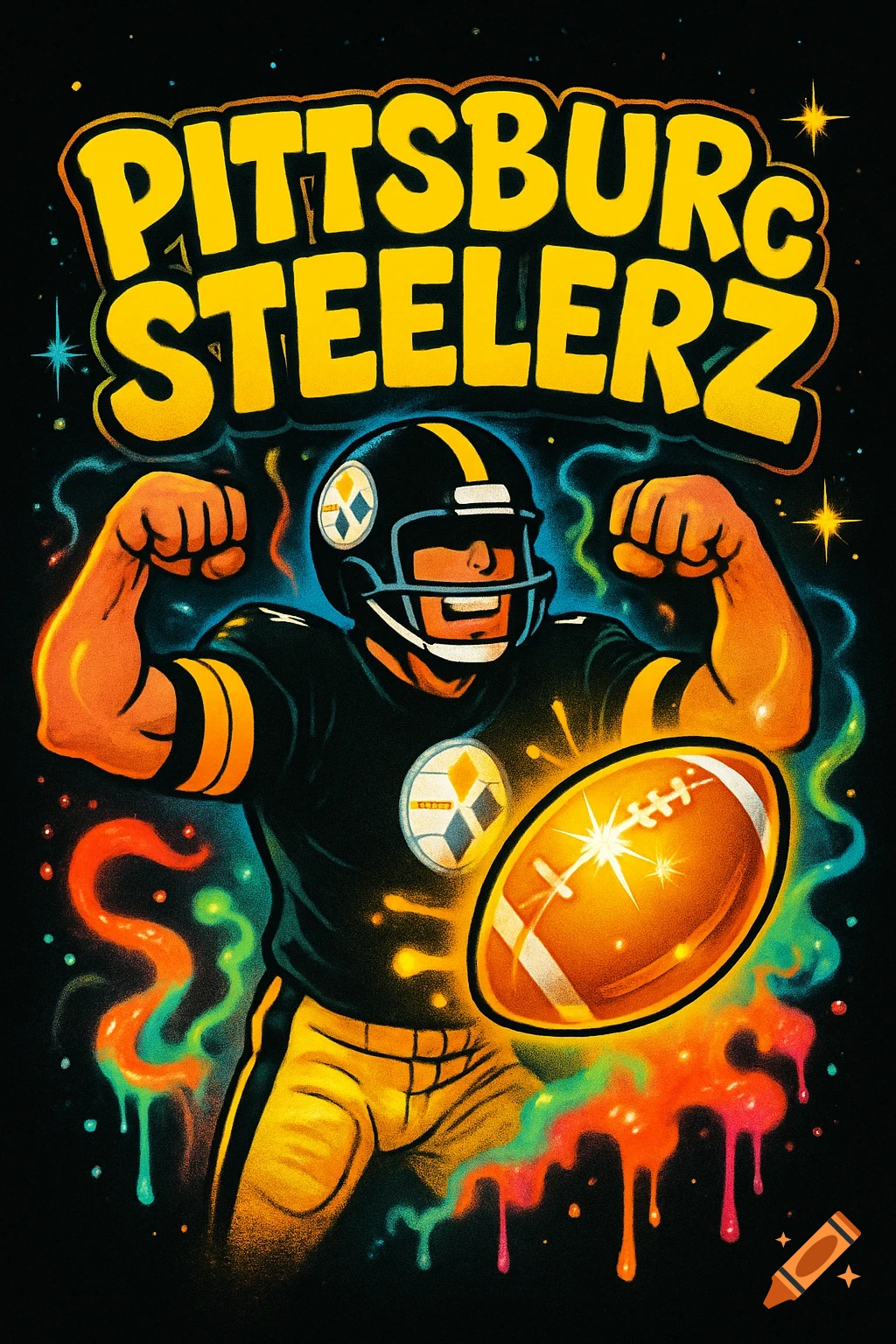 Stylized cartoon of a Pittsburgh Steelers player in uniform, flexing, with 'PITTSBURG STEELERZ' text above and a glowing football amidst neon paint drips and stars on a black background.