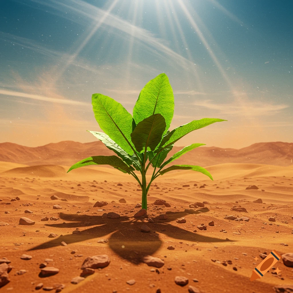 A vibrant green plant thrives in a vast, red, dusty desert landscape under a bright, sunny sky.