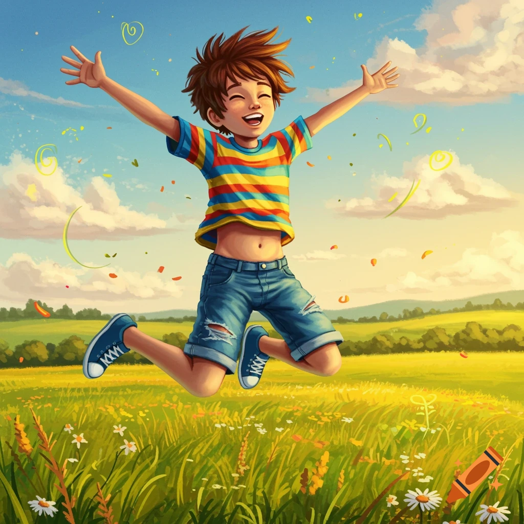 Vibrant illustration of a happy boy jumping with arms out in a sunny, flower-filled field under a blue sky.