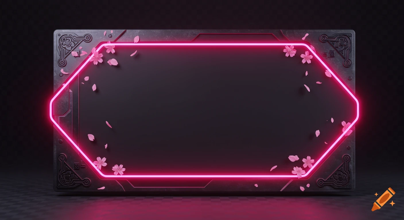 Dark matte metal frame with a glowing pink neon border and scattered pink cherry blossoms.