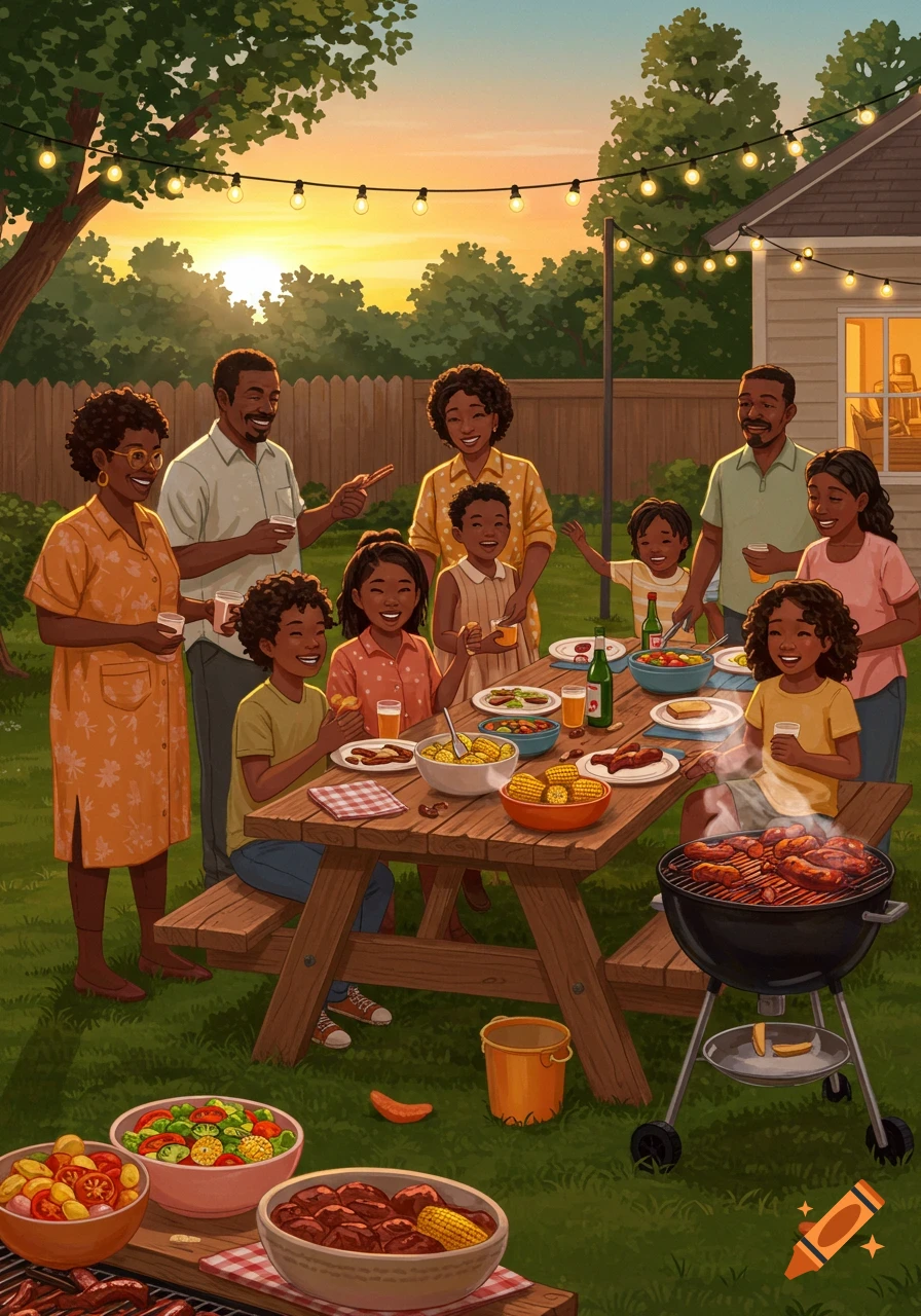 An illustration of an African American family enjoying a backyard cookout with a barbecue and picnic table at sunset.
