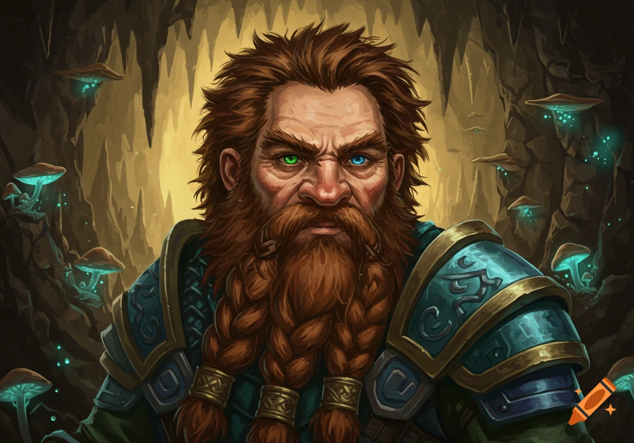 Illustration of a rugged dwarf with a braided beard, heterochromatic green and blue eyes, and armor in a glowing cave.