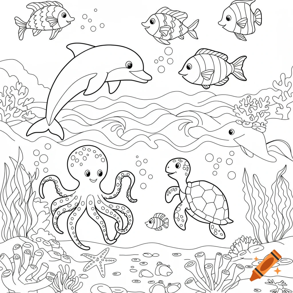 Black and white coloring page of a happy dolphin, octopus, turtle, and fish swimming in an underwater scene with coral.