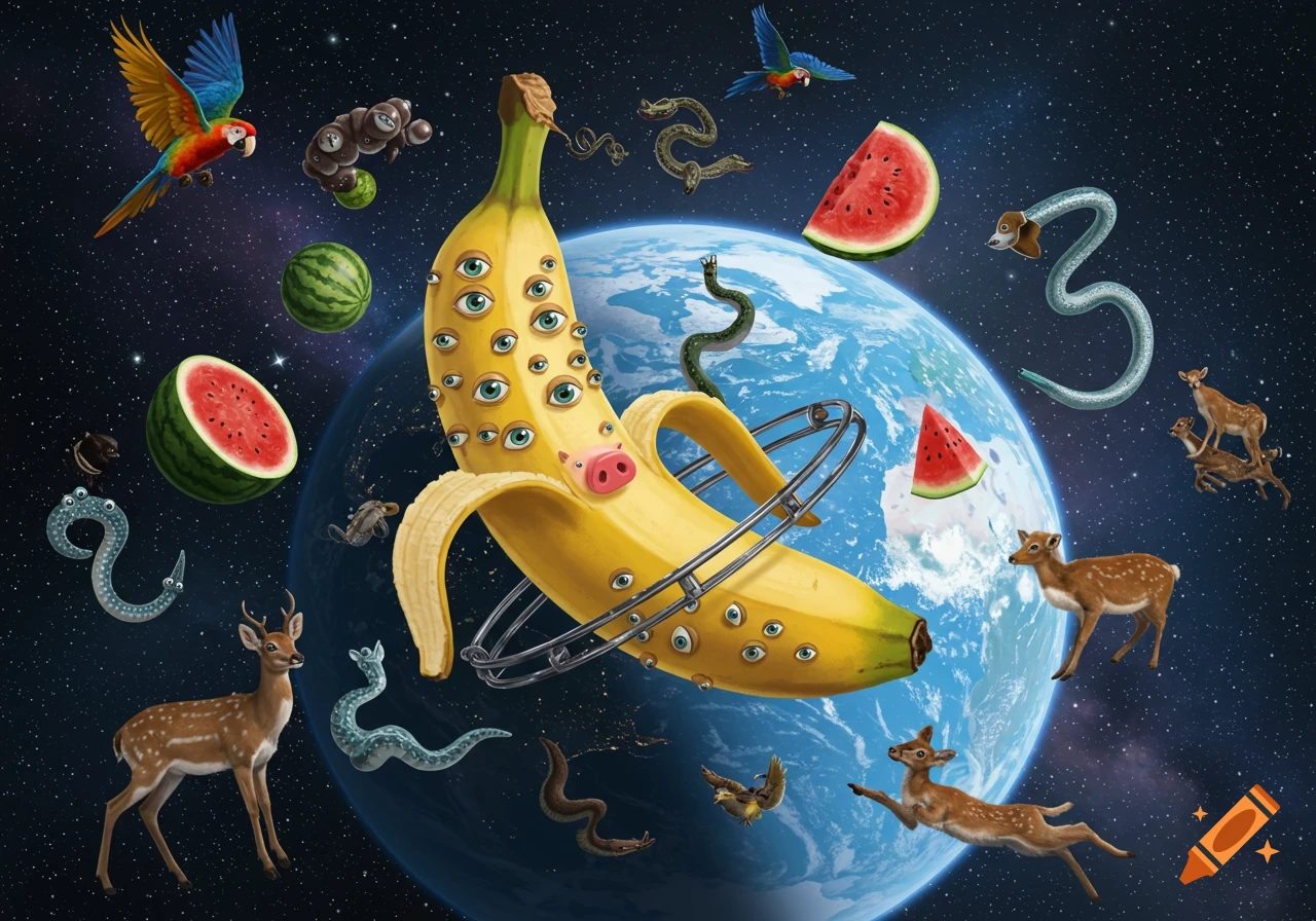 A surreal banana covered in eyes with a pig nose and metallic rings floats in space with Earth, watermelons, deer, parrots, and snakes.