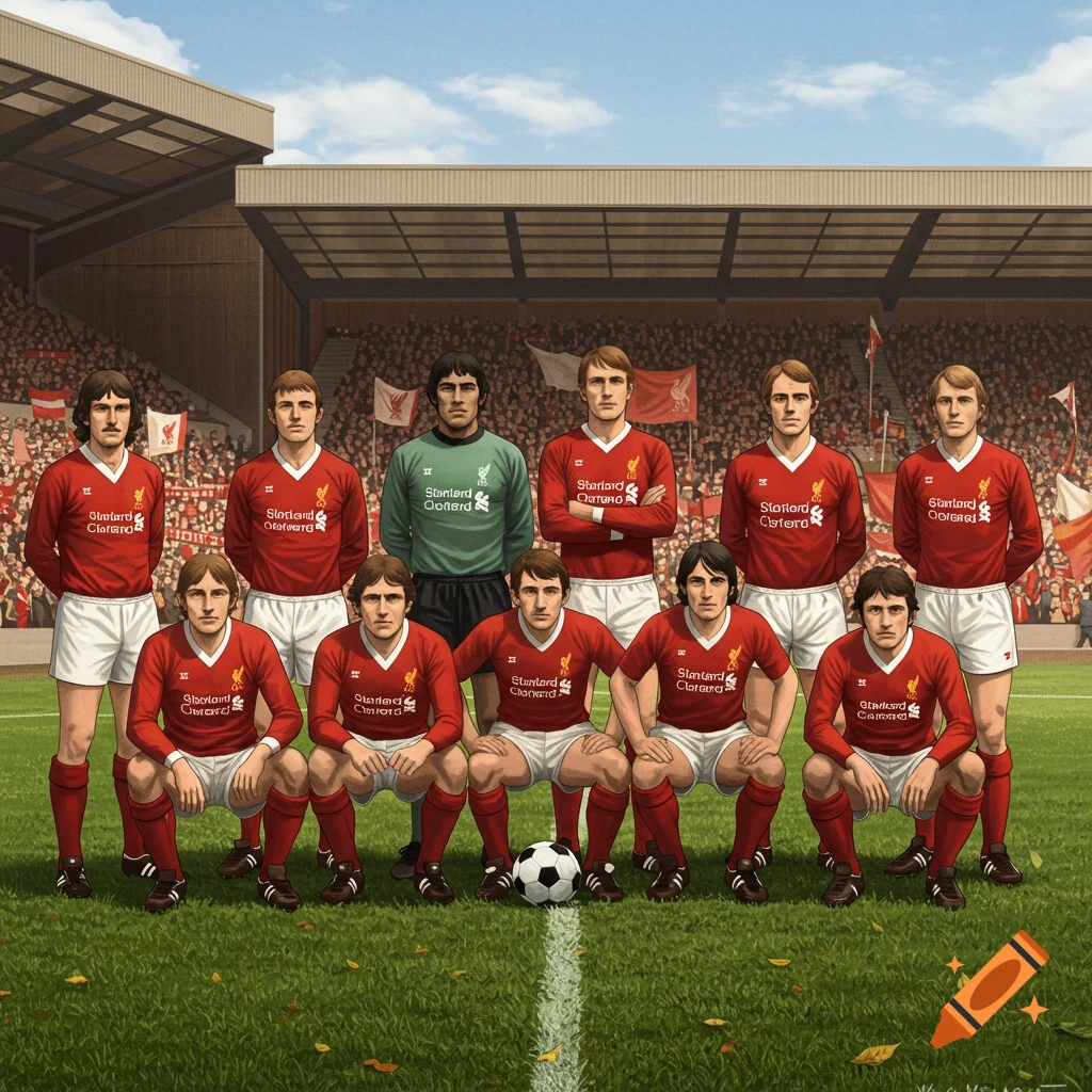 An illustrated vintage football team photo of eleven male players in red and green jerseys posing on a field with a stadium crowd.