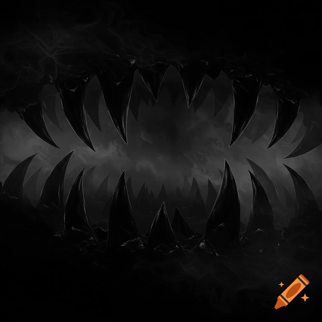 A dark, monochromatic image of jagged, sharp teeth within a smoky, cavernous void.