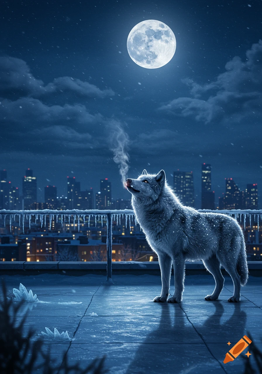 A white wolf on an icy city rooftop at night, looking up at a bright full moon. Snow falls over the urban skyline.