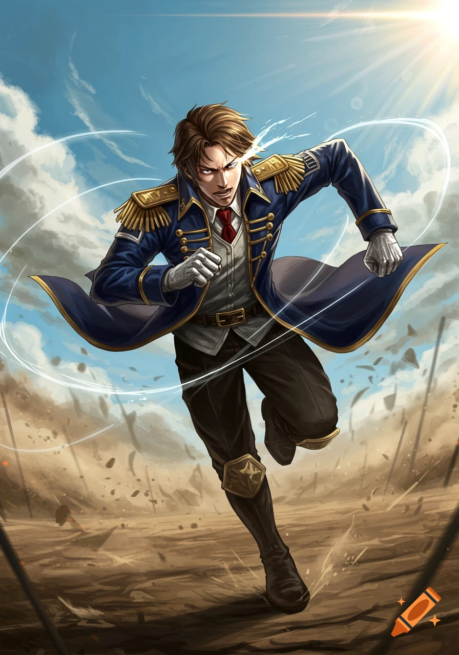 An anime-style male captain in a blue uniform with gold epaulets runs through a dusty, debris-strewn landscape under a bright sky, with light streaks around him.