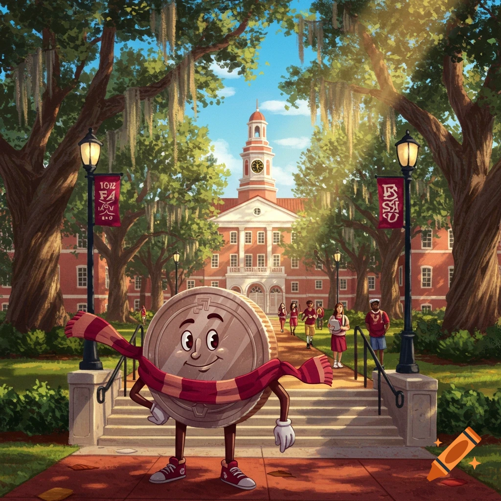 A cartoon coin character with a scarf stands on a path at a university campus with a clock tower and students walking.
