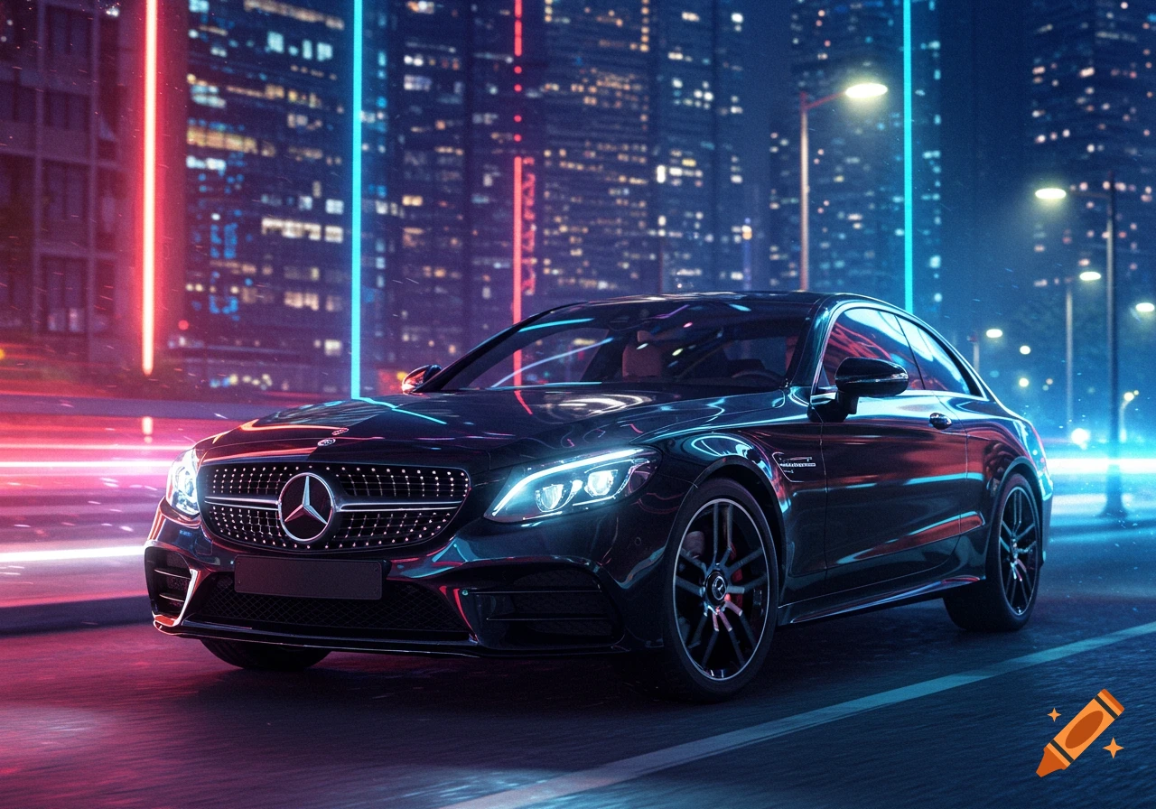 A black Mercedes-Benz car driving on a neon-lit city street at night, with light trails.