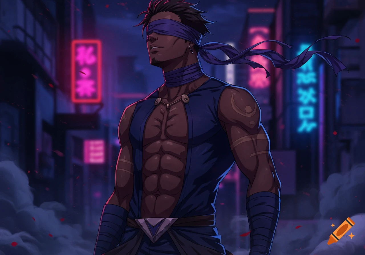 A blindfolded, dark-skinned male anime character with a muscular build, wearing a navy tunic, stands in a neon-lit cyberpunk city.