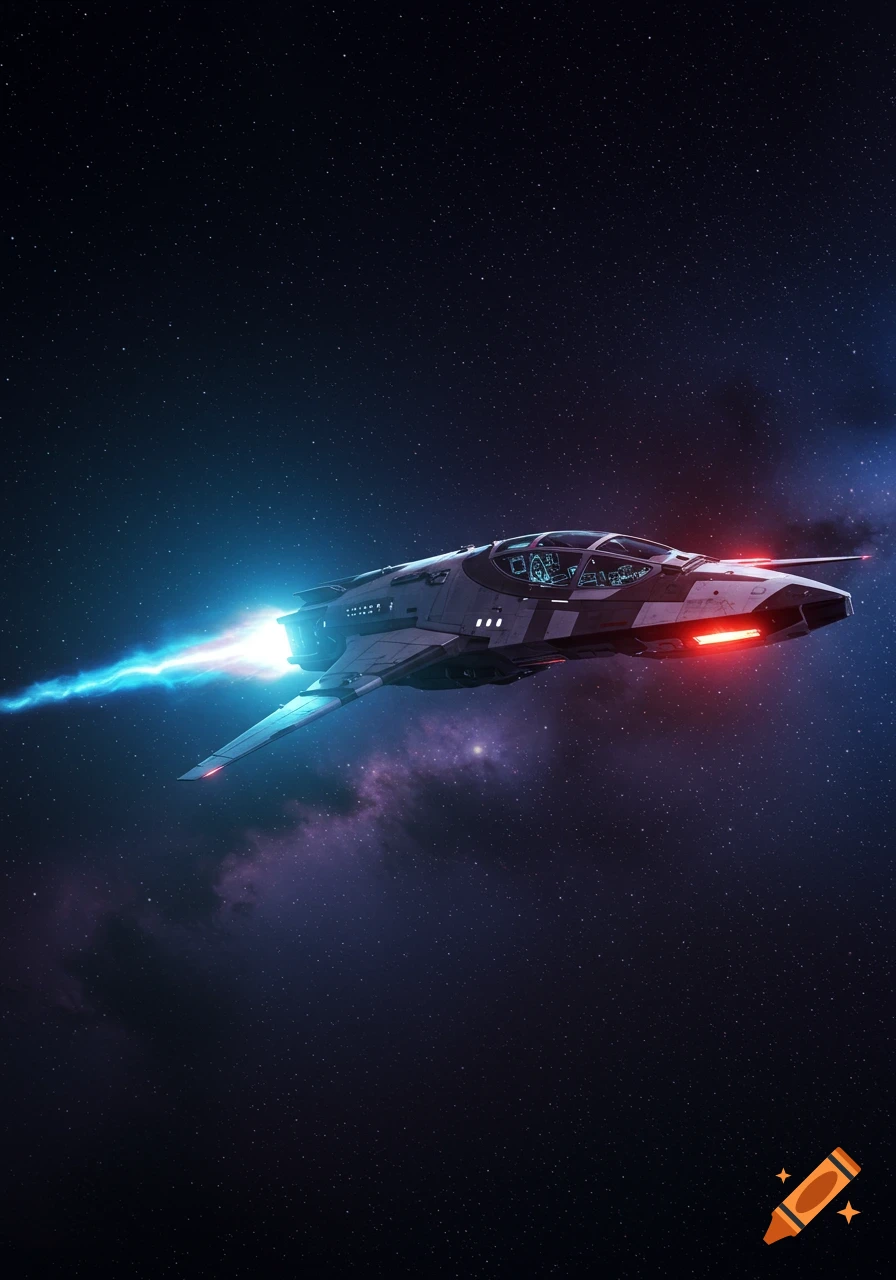 A sleek, futuristic spaceship with glowing blue thrusters and red navigation lights flies through a dark, star-filled galaxy with hints of nebulae.