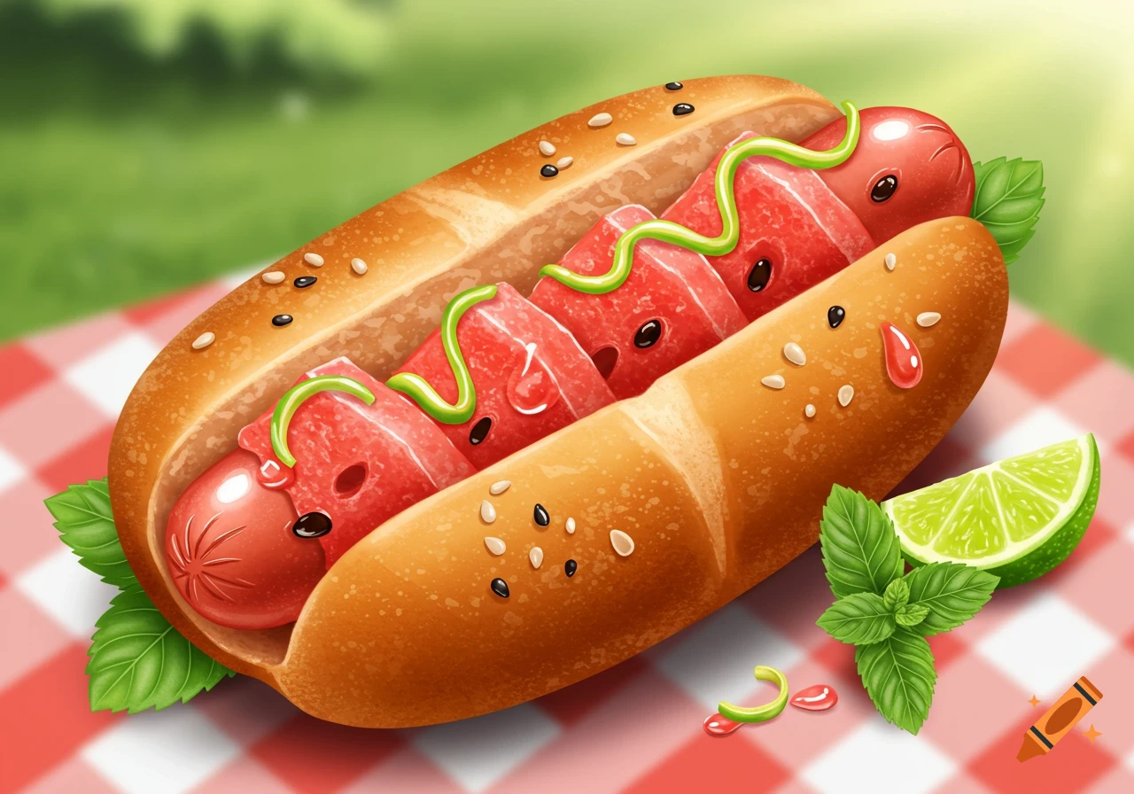 Whimsical illustration of a watermelon hotdog with green sauce and seeds on a red and white picnic blanket with a lime and mint.