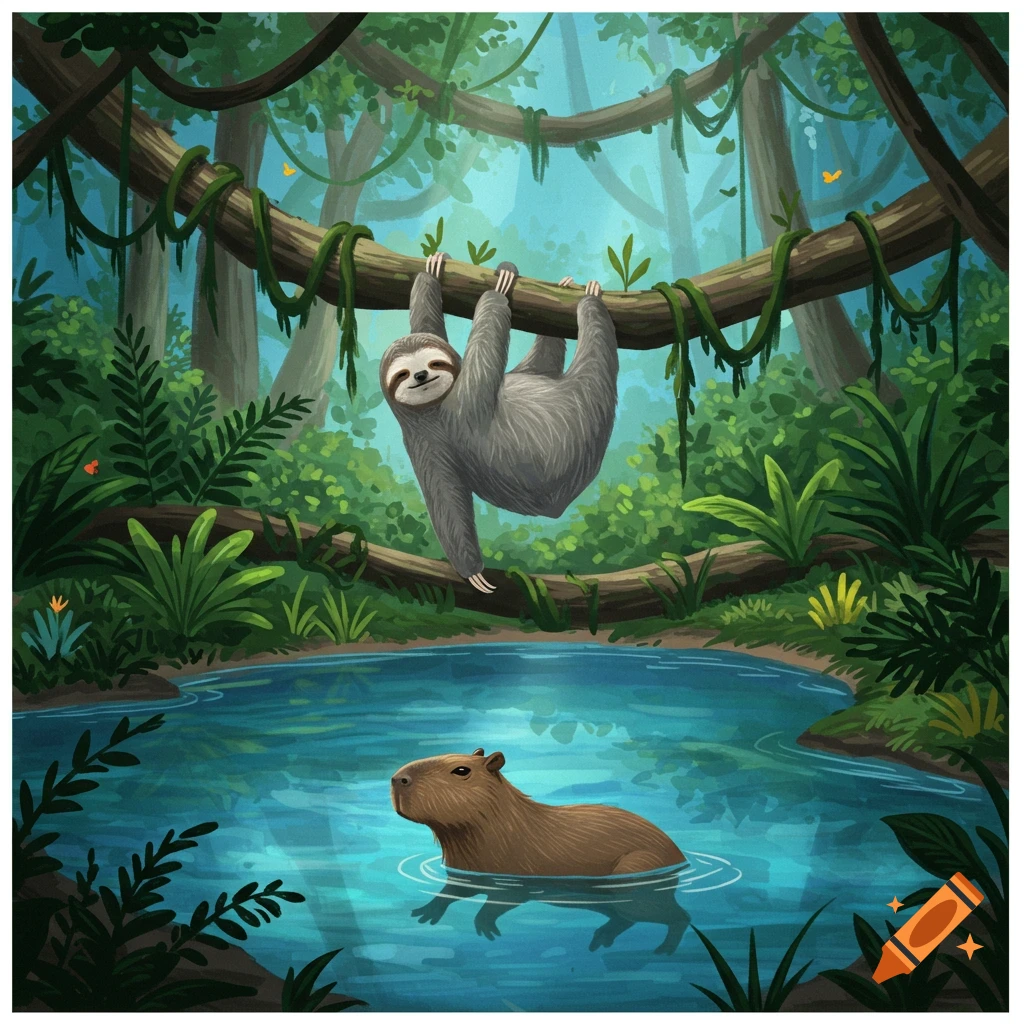 An illustration of a smiling sloth hanging from a vine over a crystal blue pond where a capybara swims, in a lush rainforest.