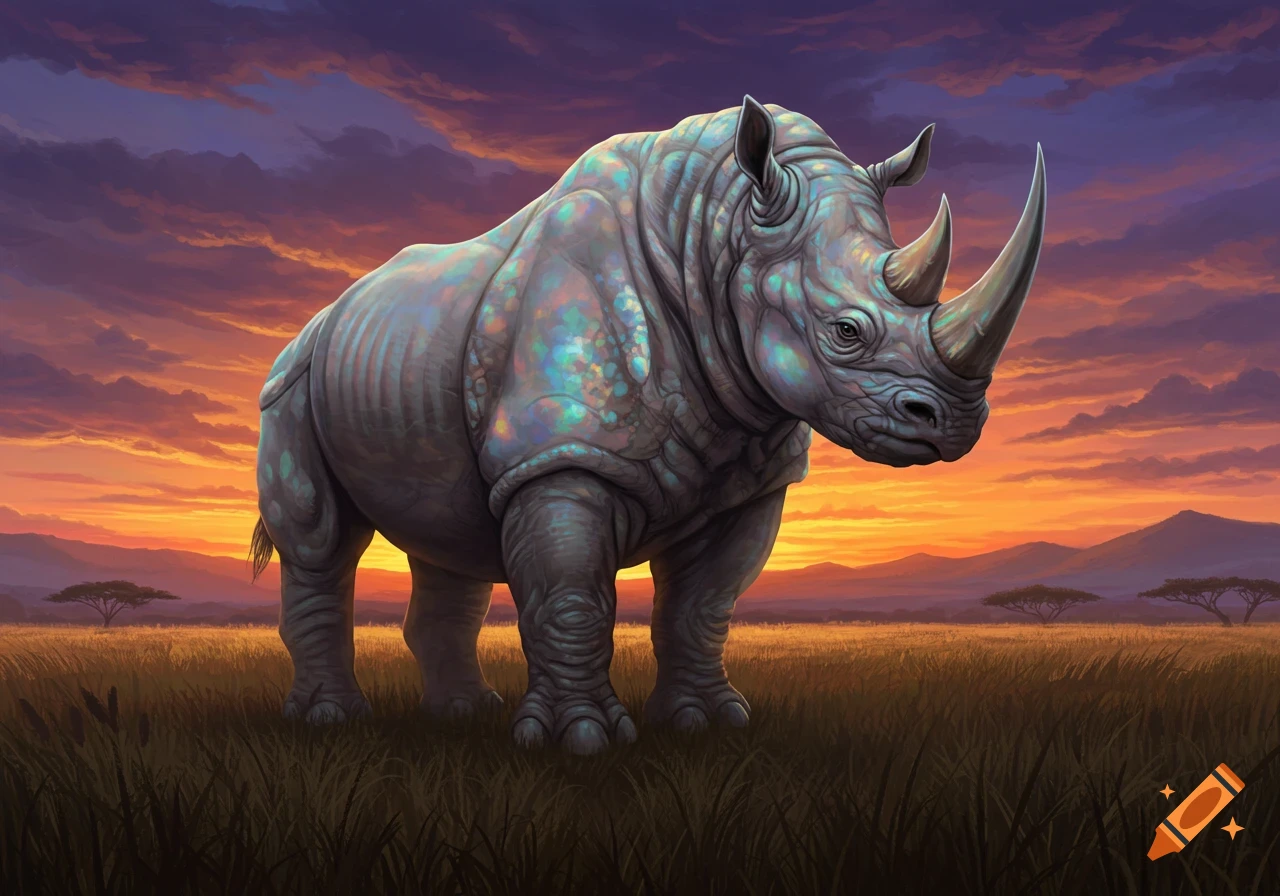 An iridescent rhino stands in a golden savanna at sunset, with a vibrant sky.