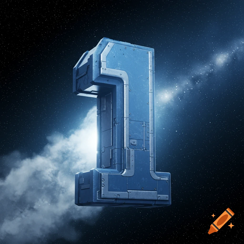 A large blue metallic number 1 resembling a spaceship or rocket, floating in deep space with stars and a nebula.