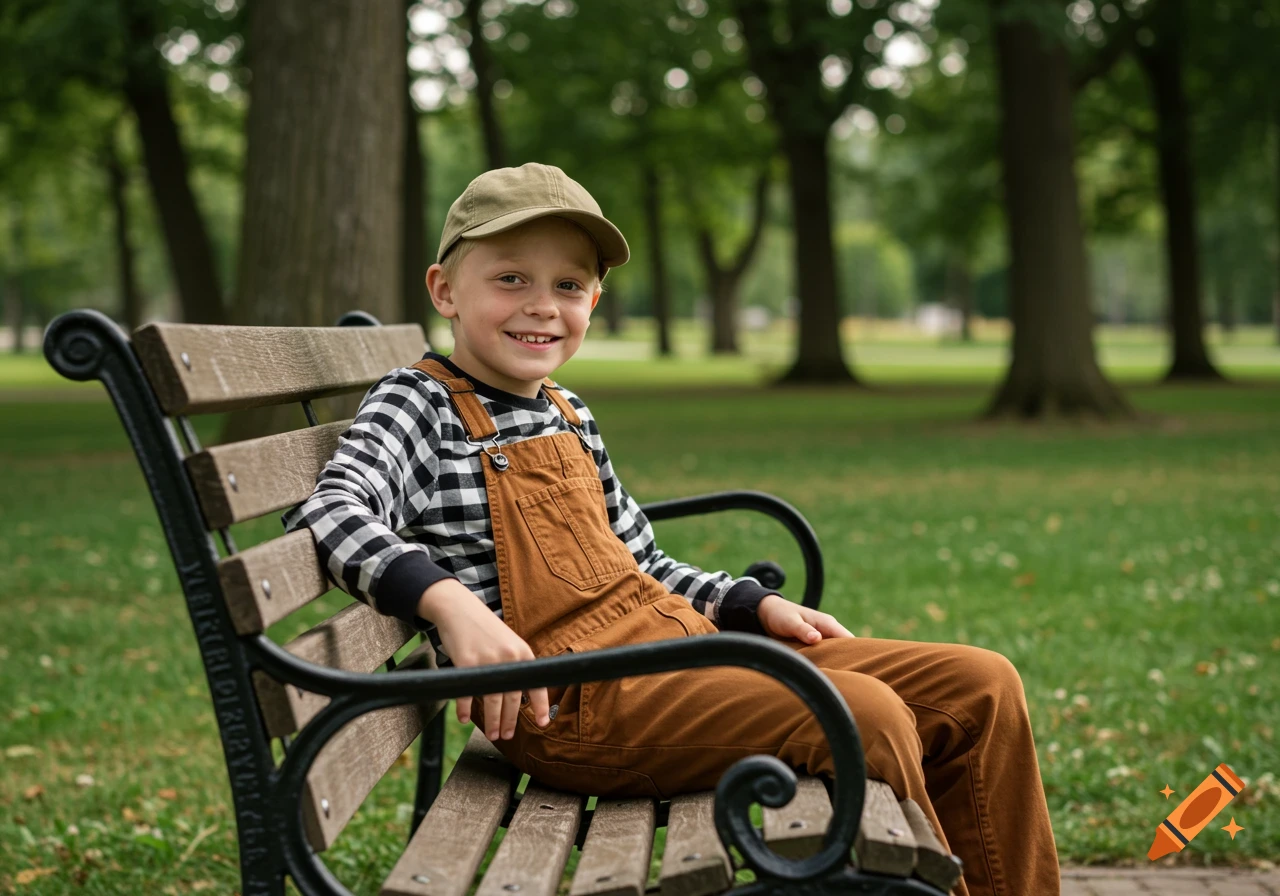 A cheerful boy in a cap and brown overalls sits on a wooden park bench, smiling at the camera. Photorealistic style.