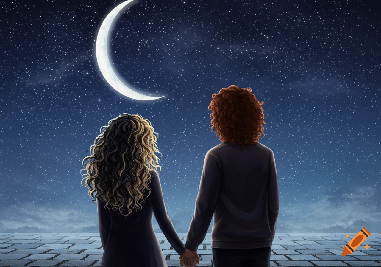 Two people with curly hair hold hands, backs to viewer, looking at a crescent moon in a starry night sky from a tiled rooftop.