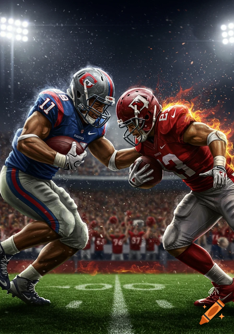 Two muscular American football players in helmets and pads clash head-on in a dynamic, action-packed stadium scene with fiery and icy effects.