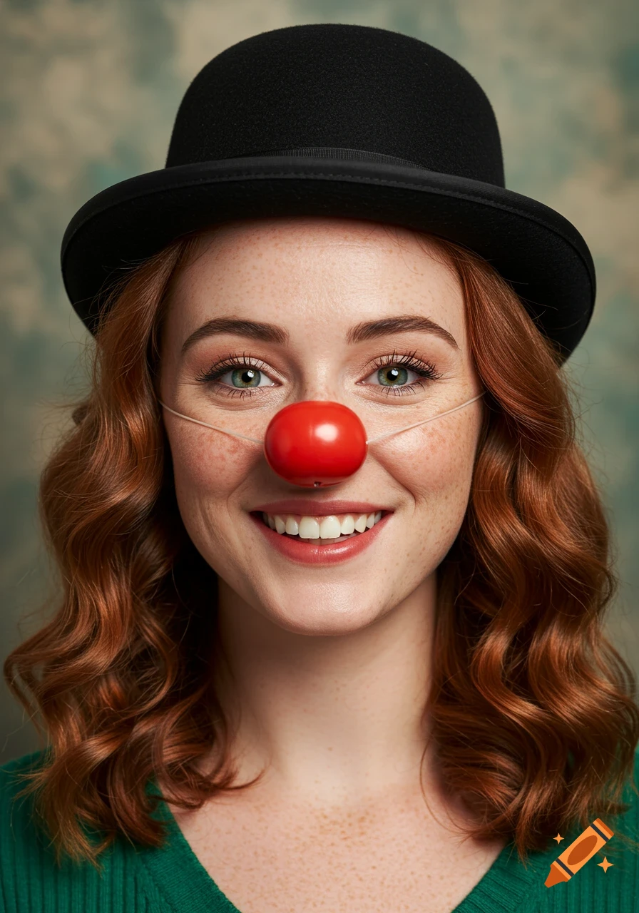 Photorealistic portrait of a smiling young woman with red hair and freckles, wearing a black bowler hat and a red clown nose.