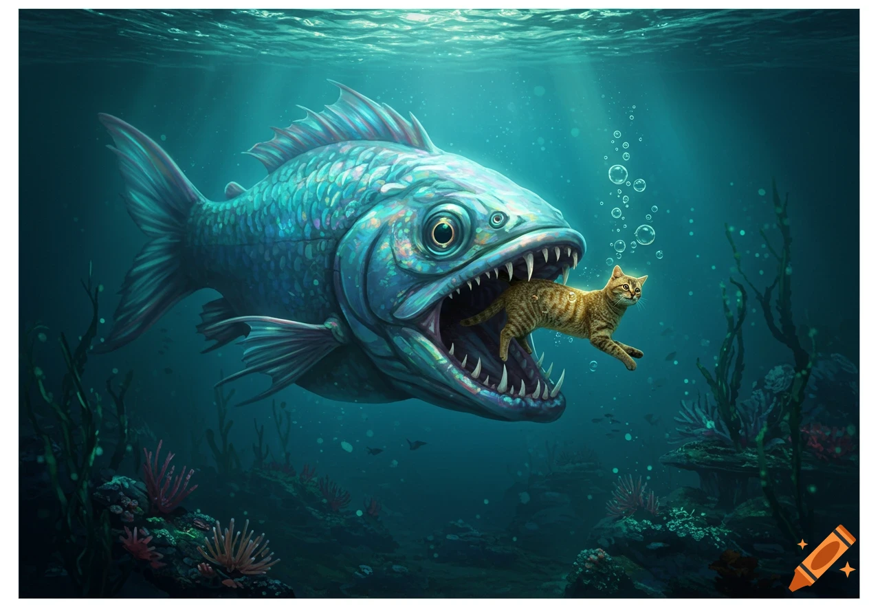 A stylized giant blue fish with sharp teeth about to eat an orange tabby cat underwater, surrounded by coral and bubbles.