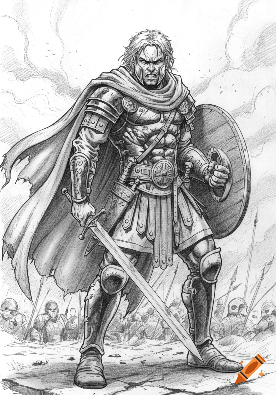 Pencil drawing of a fierce warrior in ornate armor, holding a sword and shield on a battlefield.