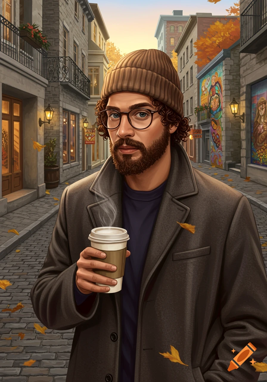 A man with a beard and glasses, wearing a beanie and coat, holds a steaming coffee cup on a cobblestone street lined with buildings and autumn leaves.