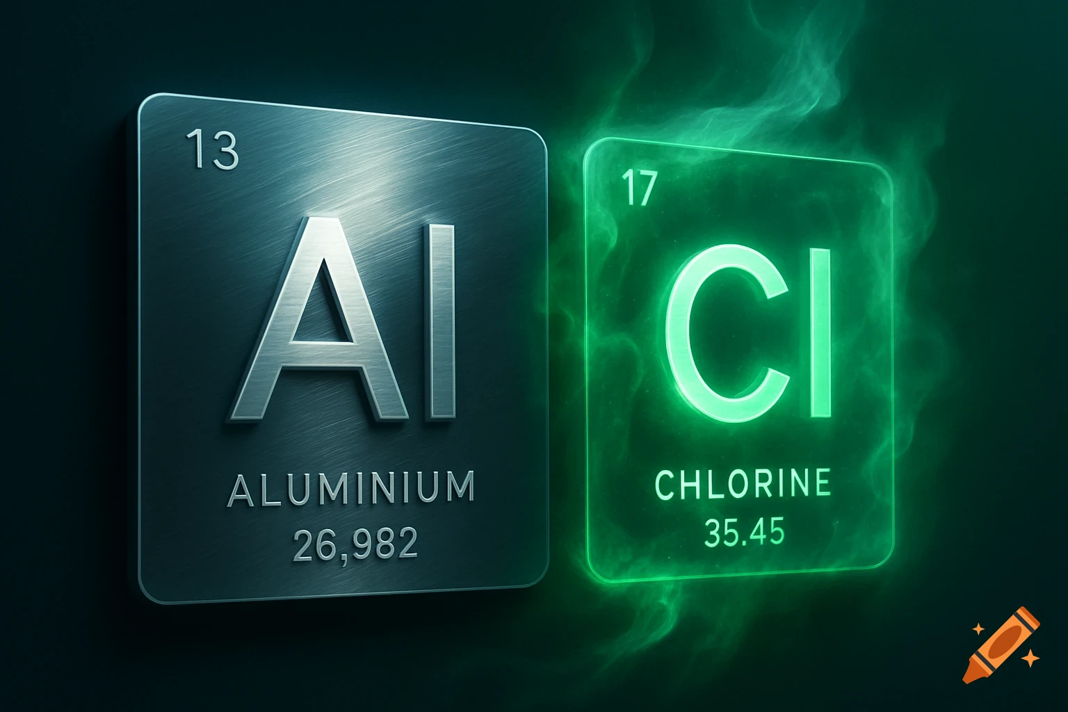 3D rendering of two periodic table element tiles: brushed metallic Aluminium (Al) and glowing green Chlorine (Cl) against a dark background.