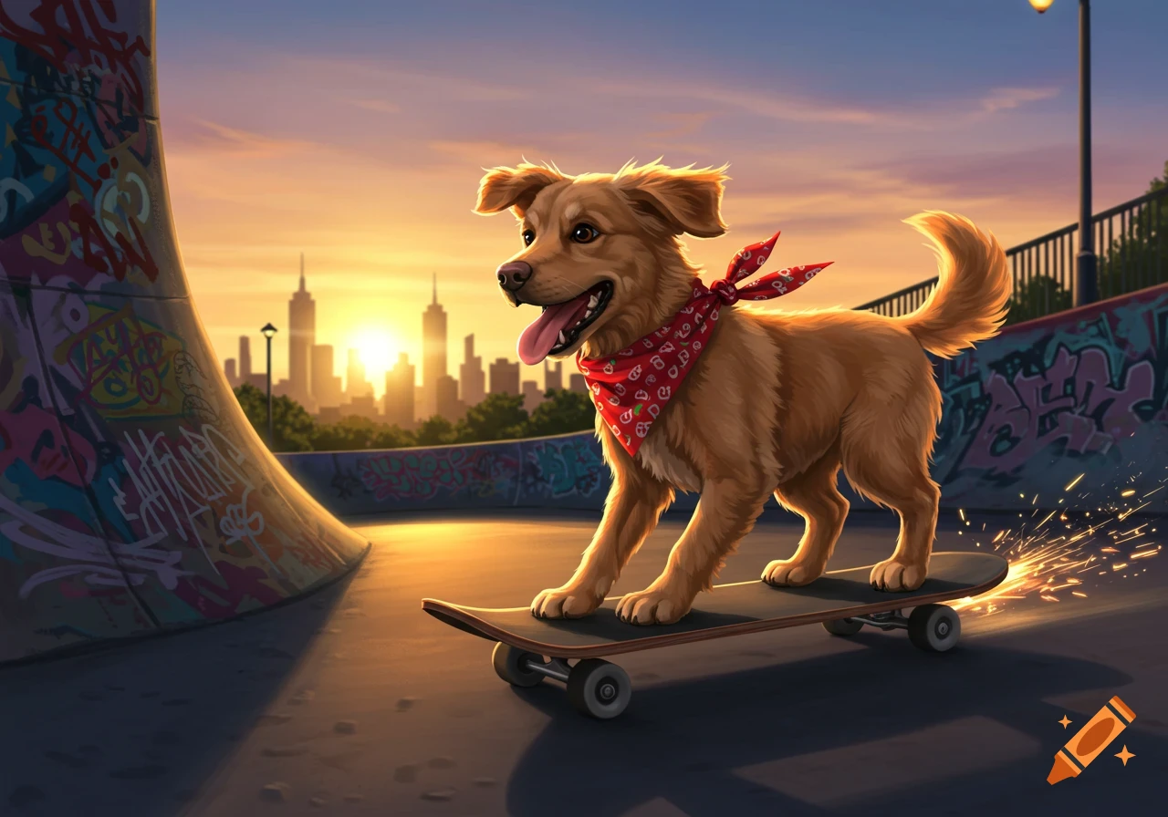 A happy cartoon golden retriever in a red bandana on a skateboard at sunset in an urban skate park with a city skyline.