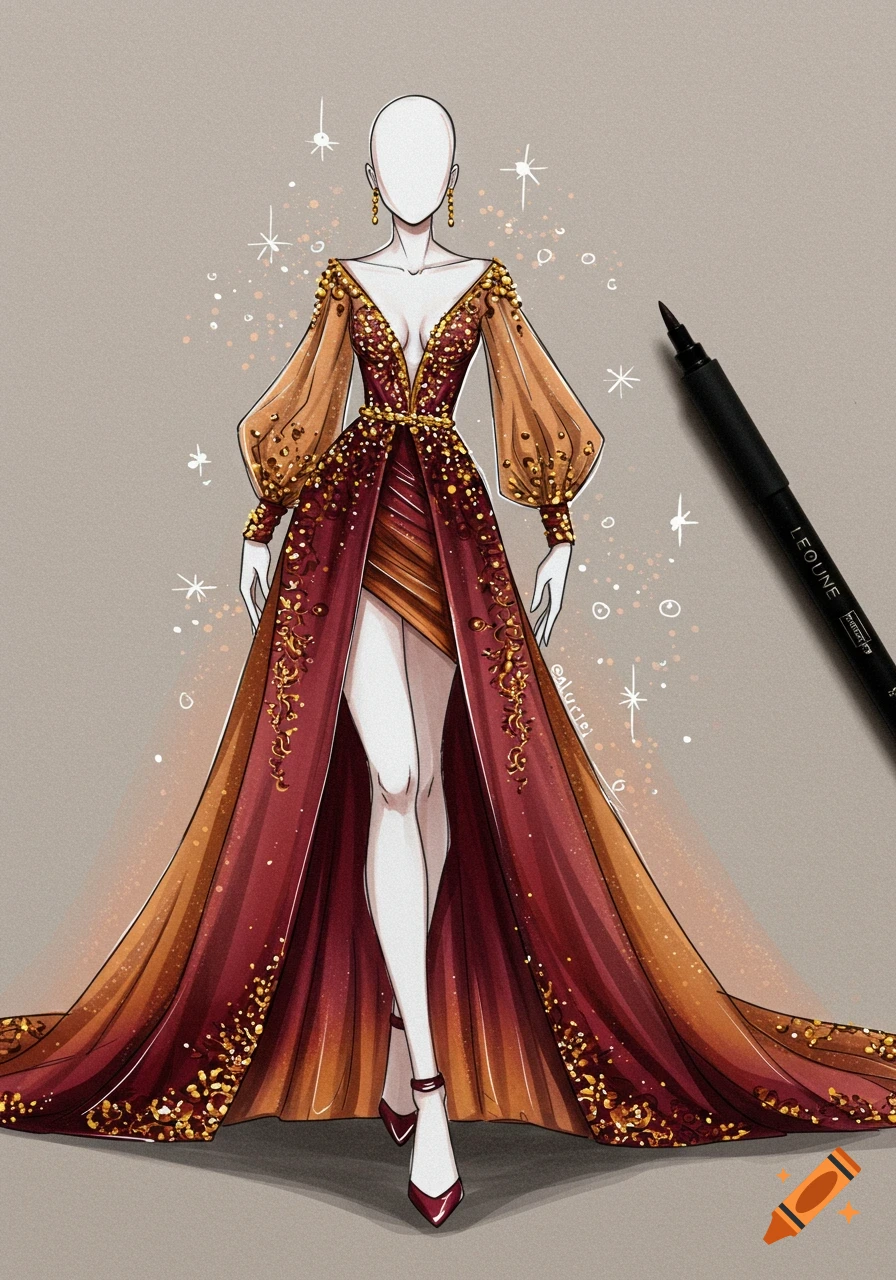 Fashion sketch of a long, flowing red and gold dress with a deep V-neck, puffed sleeves, and a high slit, with a pen on the right.