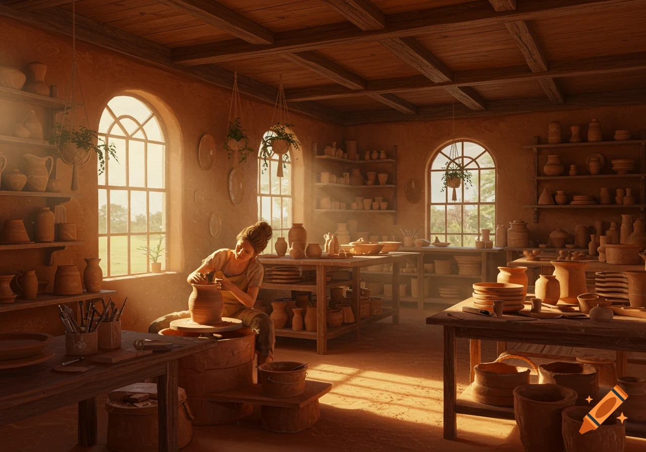 Woman shaping clay on a pottery wheel in a warm, sunlit studio filled with shelves of unfired pots.