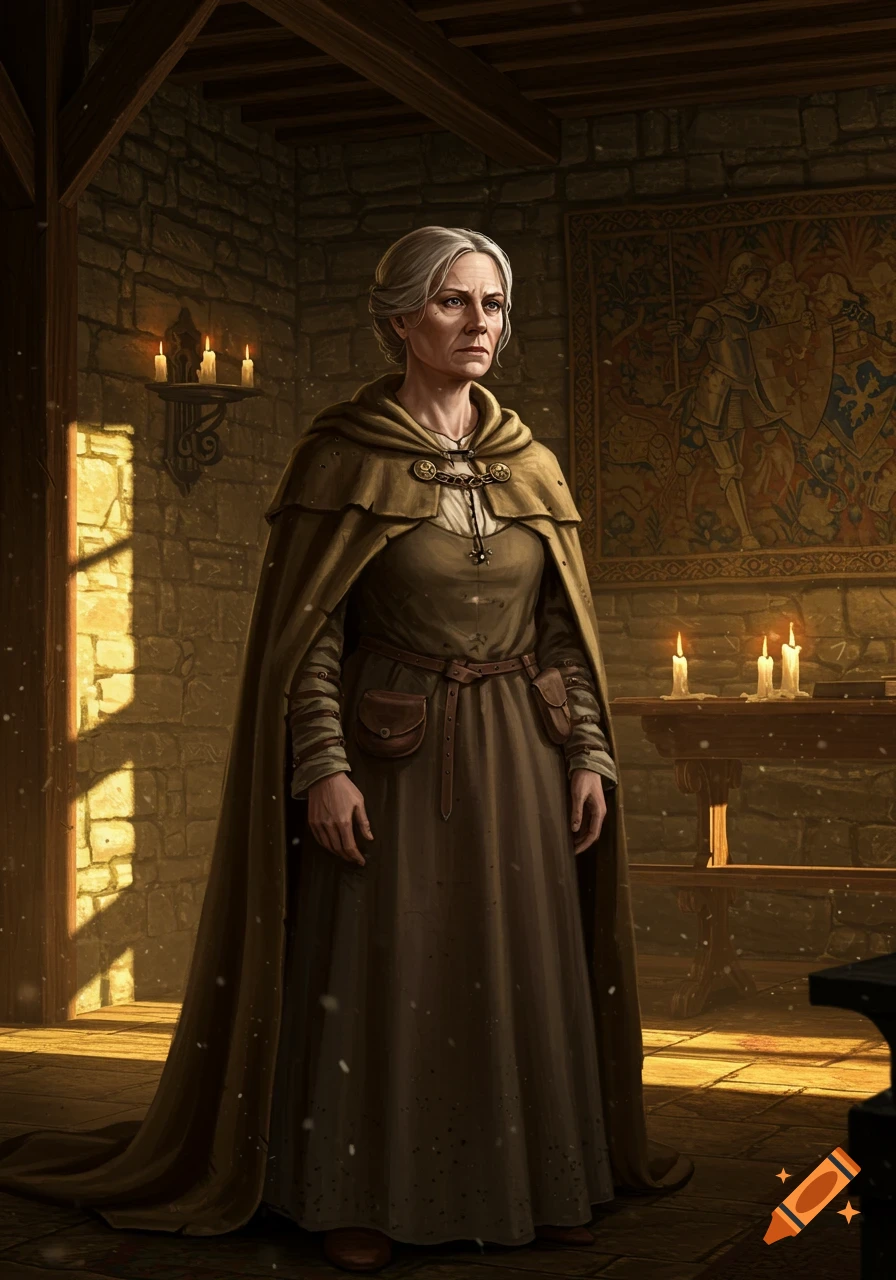 A stoic elderly woman with grey hair in a brown hooded cloak and dress stands in a dimly lit medieval stone room with a tapestry and candles, with sunlight streaming through a window.