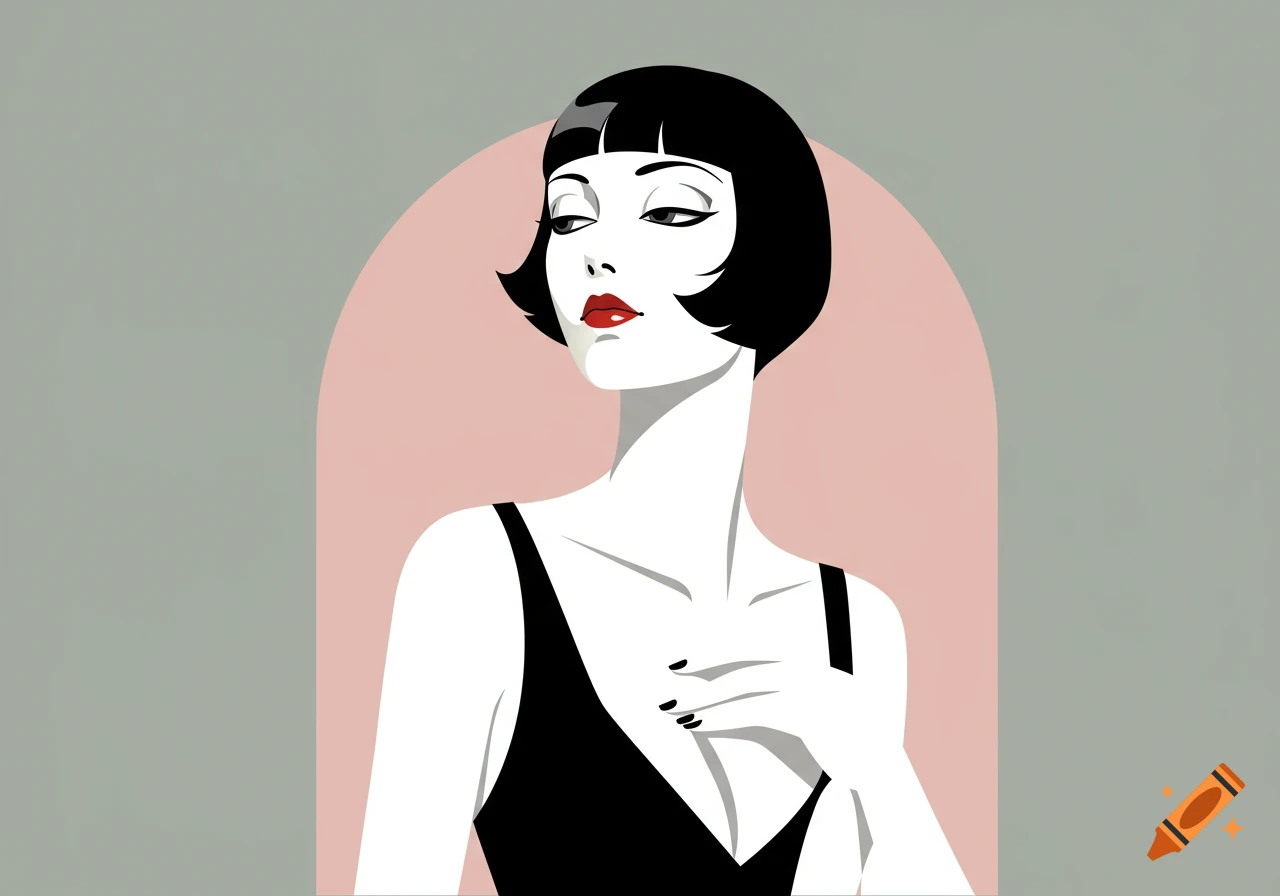 Stylized art deco illustration of a woman with a black bob, red lipstick, and black top, looking to the side.