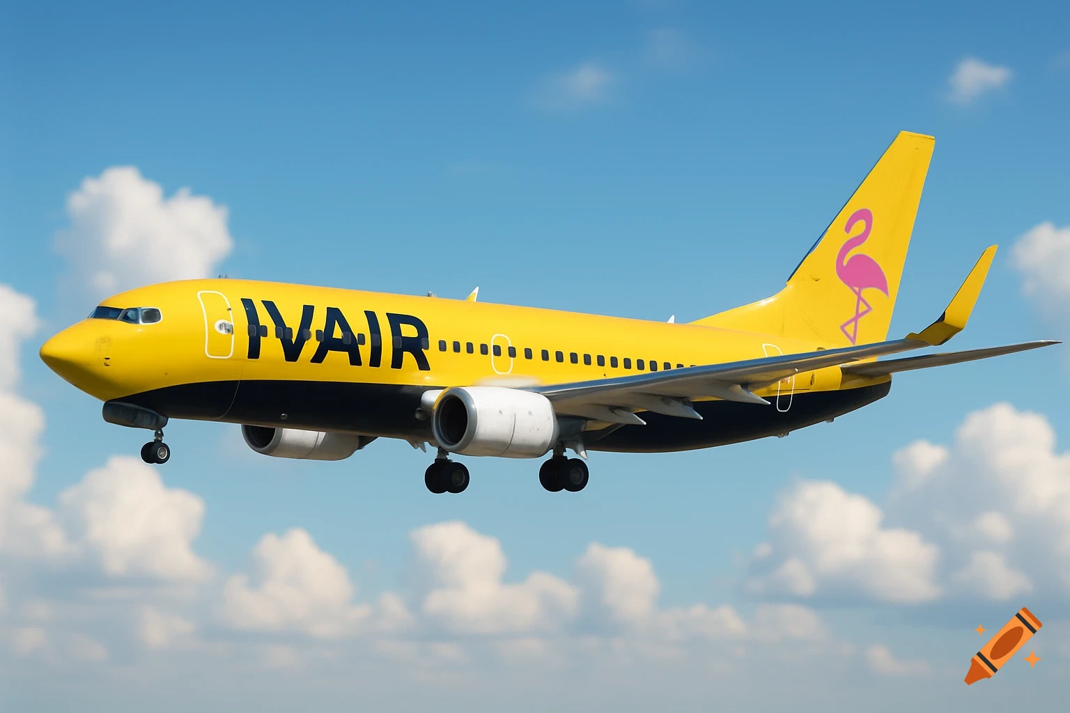 Photorealistic yellow and black Boeing 737-800 plane with 'IVAIR...' text and a pink flamingo logo, flying in a blue sky with white clouds.