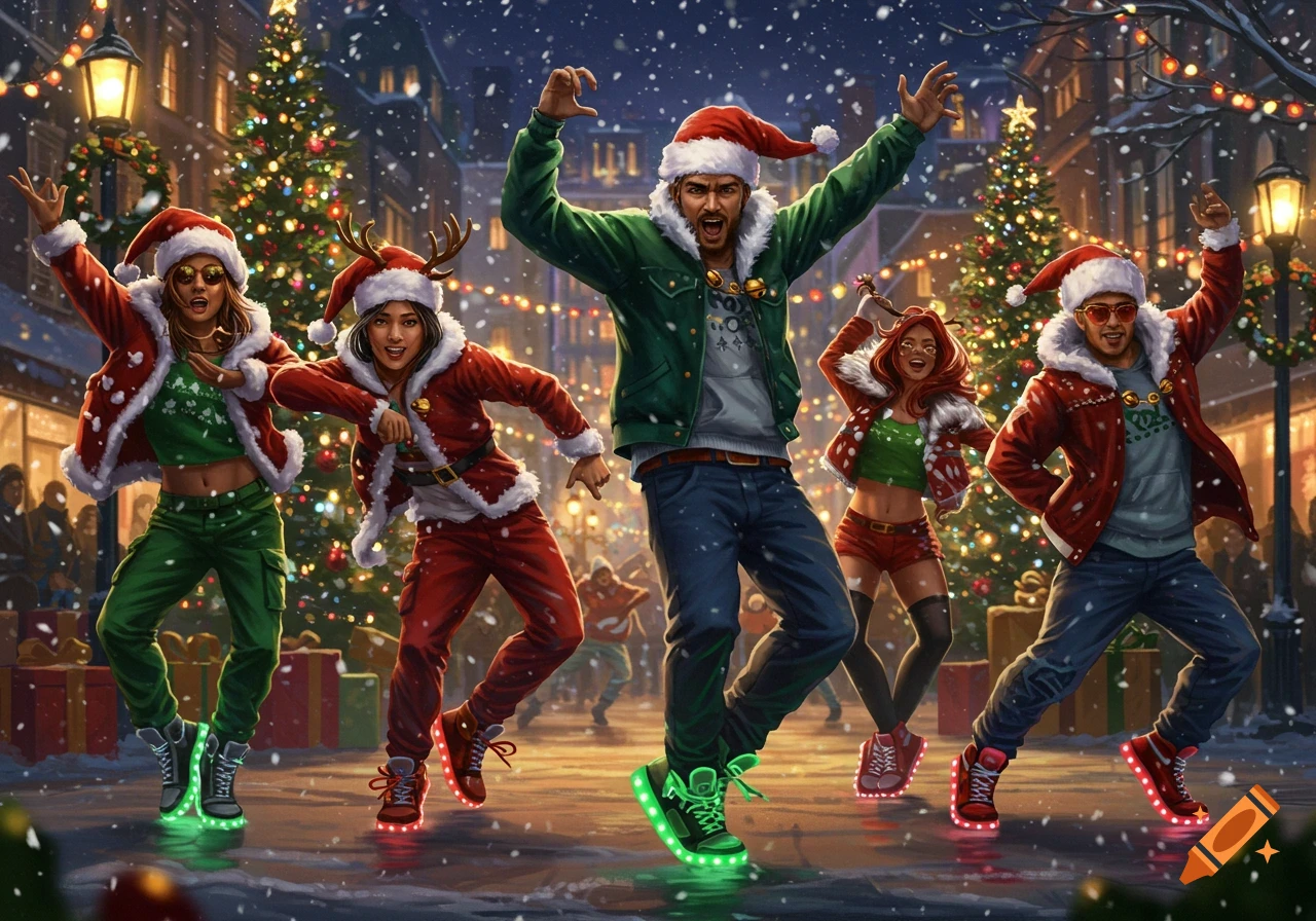 Five diverse people in festive Santa-themed hip-hop outfits and light-up shoes dance excitedly on a snowy city street at night, with illuminated Christmas trees and buildings in the background.