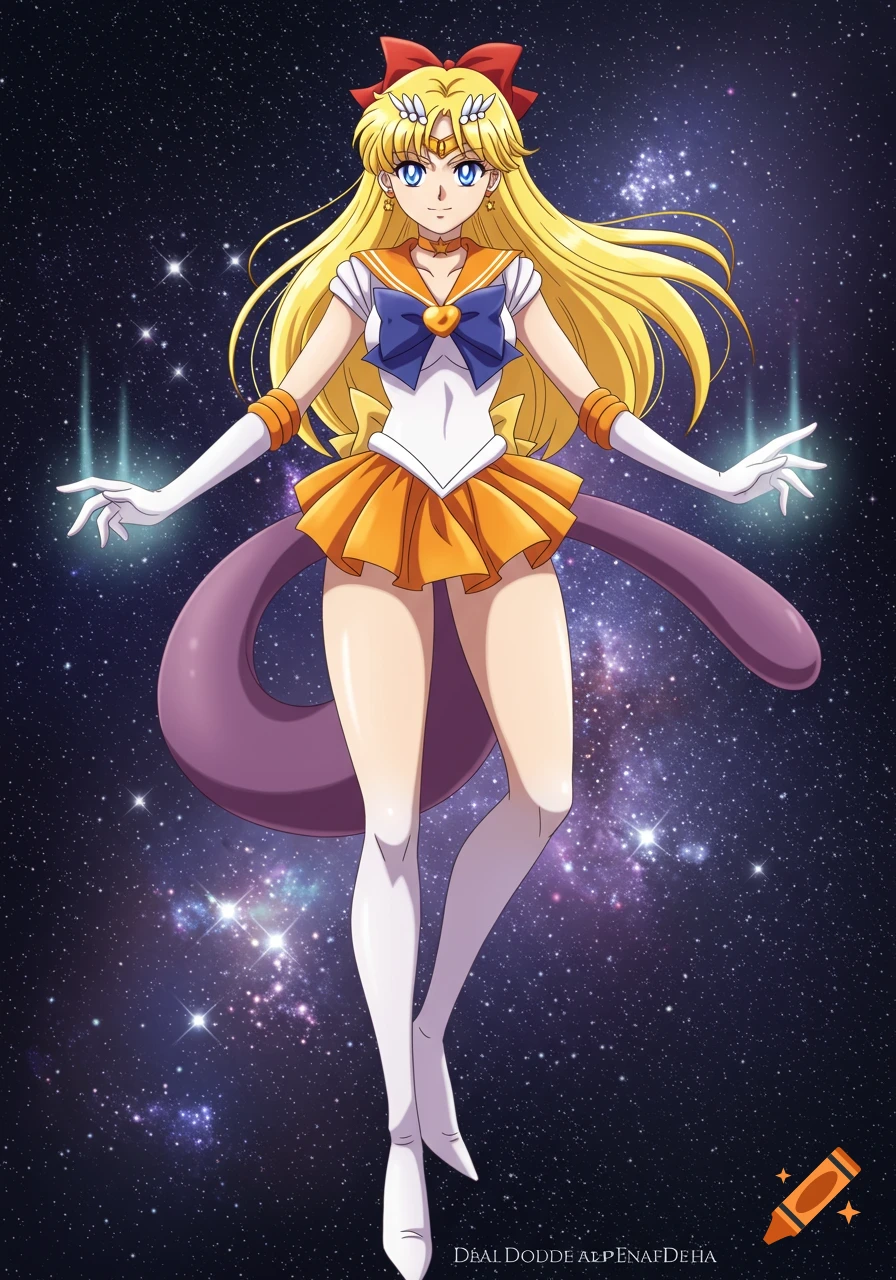 An anime character, a fusion of Sailor Venus and Mewtwo, floats in a starry galaxy, wearing a Sailor Scout uniform and a purple tail.