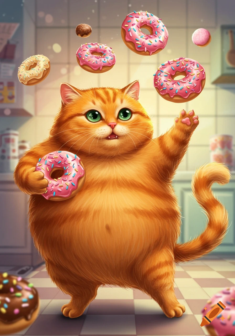 A fat, fluffy orange cartoon cat with big green eyes holds a pink donut while surrounded by floating donuts in a kitchen.