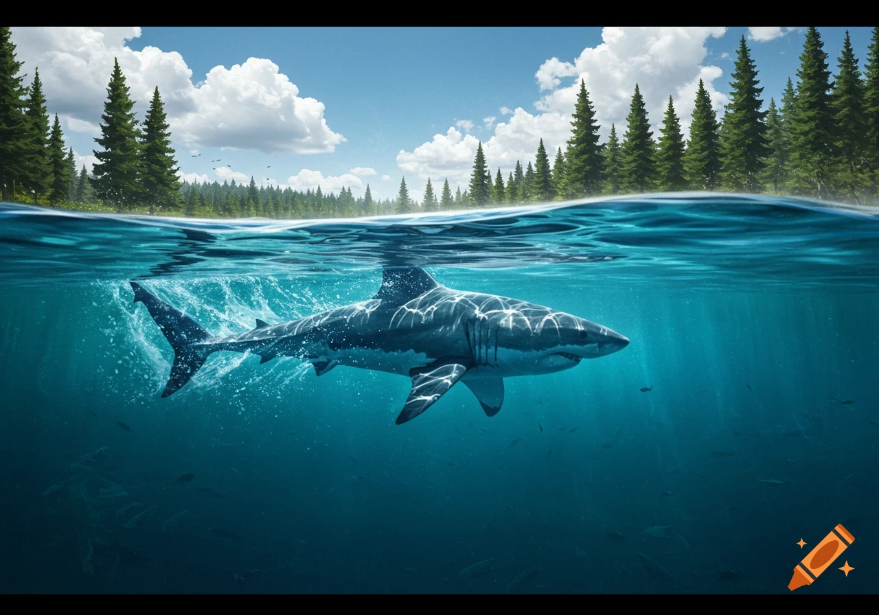Photorealistic great white shark swimming in clear blue water with a forest and sky visible above the surface.