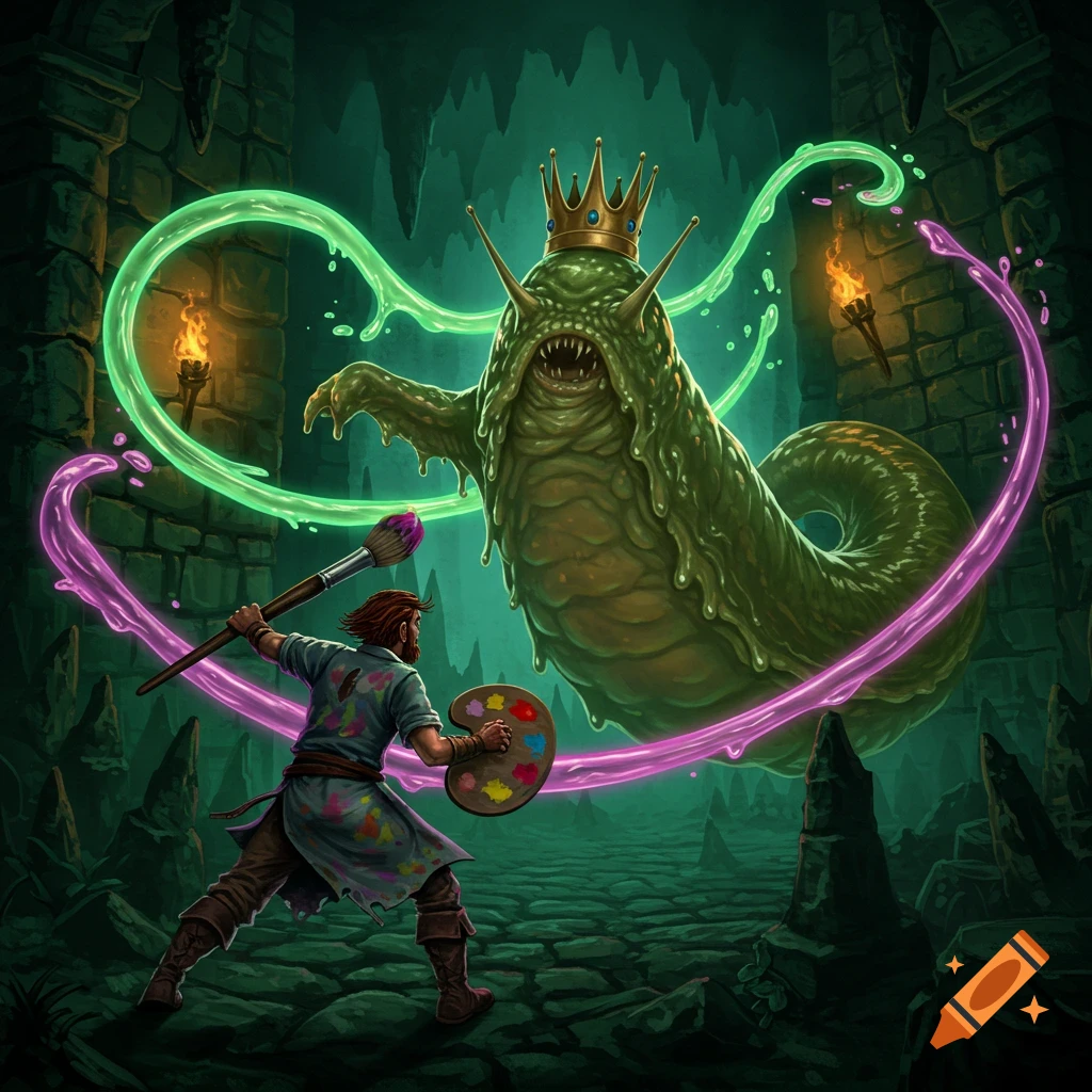 A bearded painter battles a giant, crowned, green slug monster in a dark dungeon, surrounded by glowing green and purple energy.