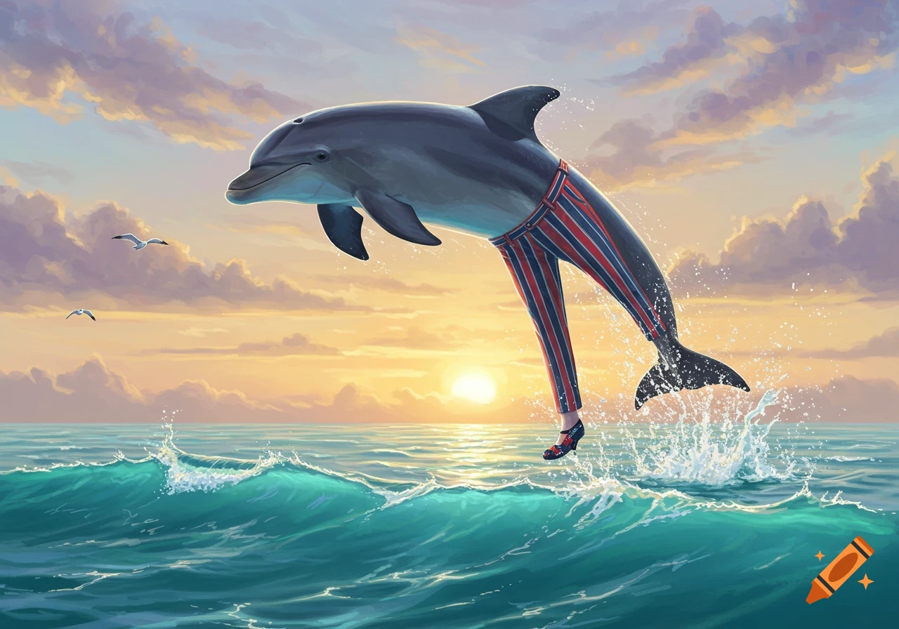 A surreal image of a dolphin wearing striped pants and red shoes leaping out of an ocean wave at sunset.