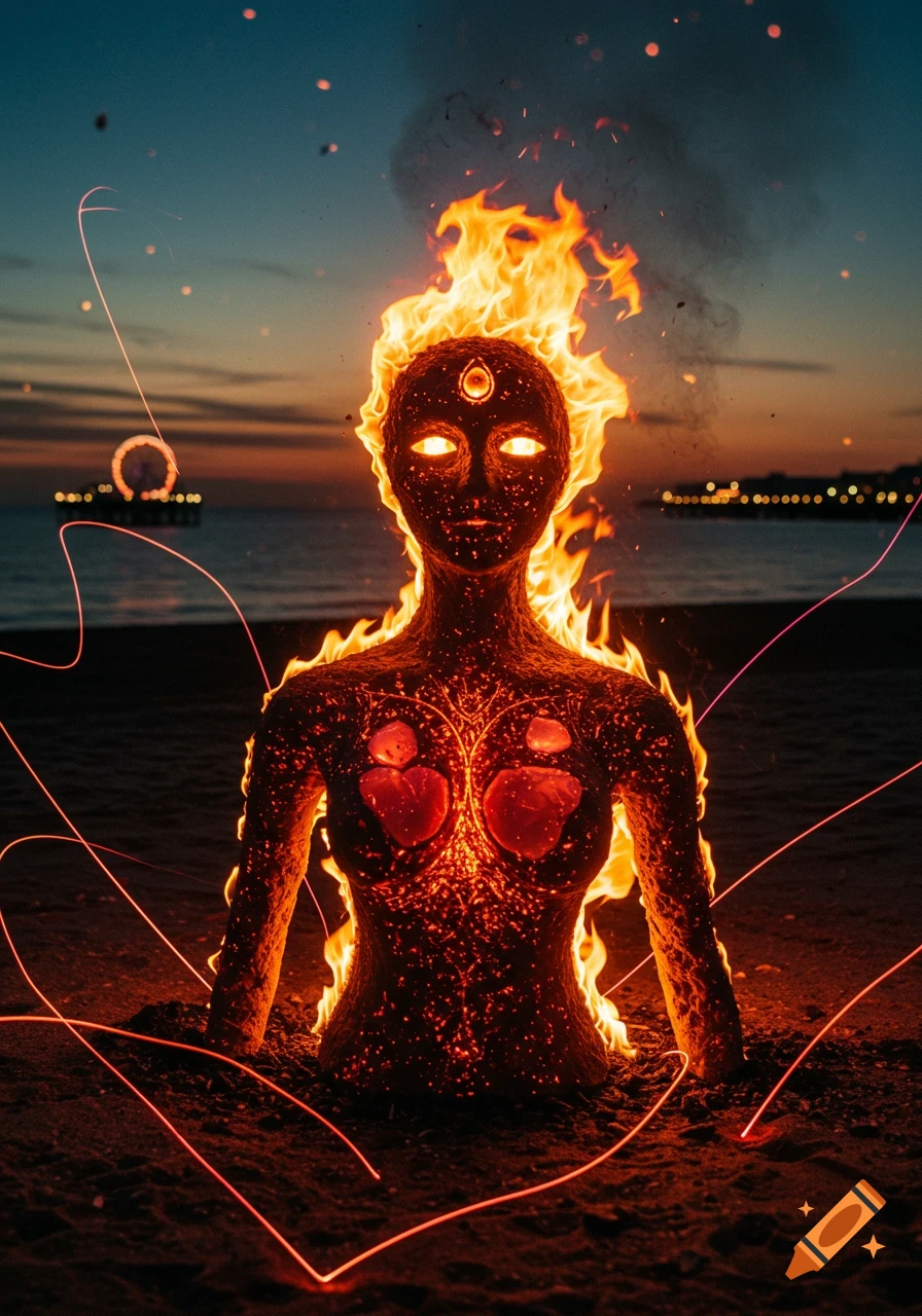 A glowing fiery humanoid on a twilight beach, with embers for eyes and chest, light trails, and a pier in the background. Ethereal.