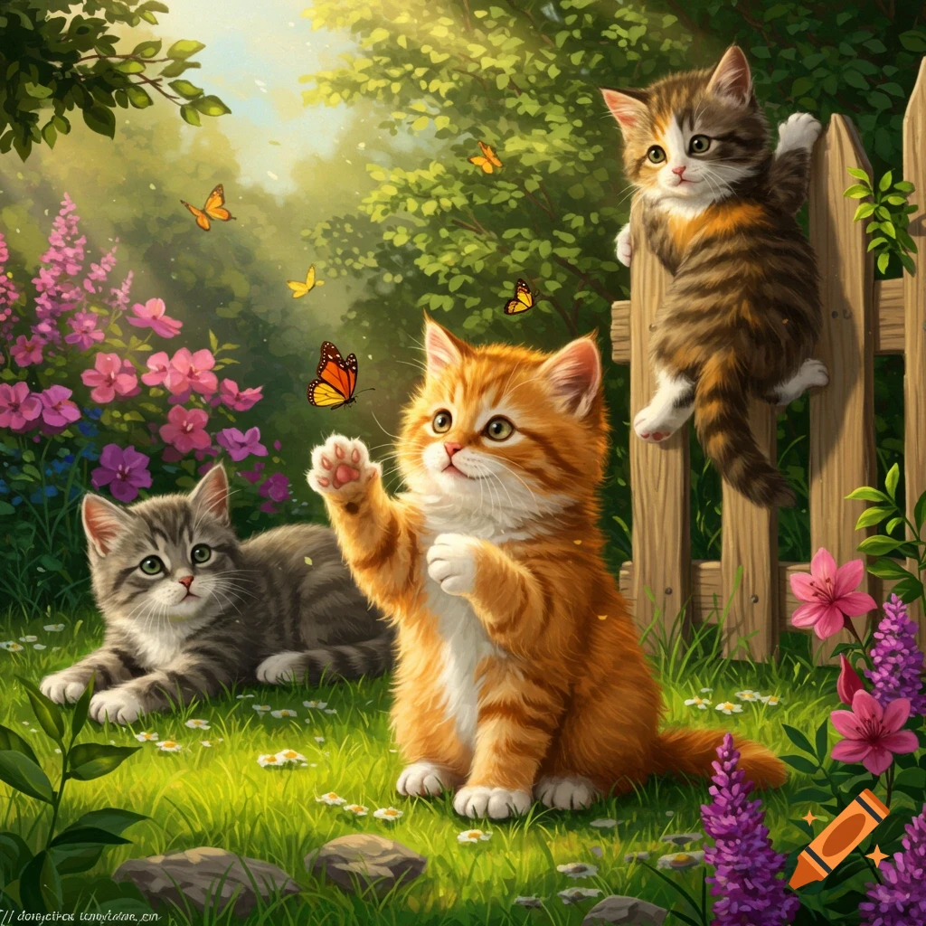 Three adorable kittens playing in a sunlit garden with butterflies and flowers, illustrative style.
